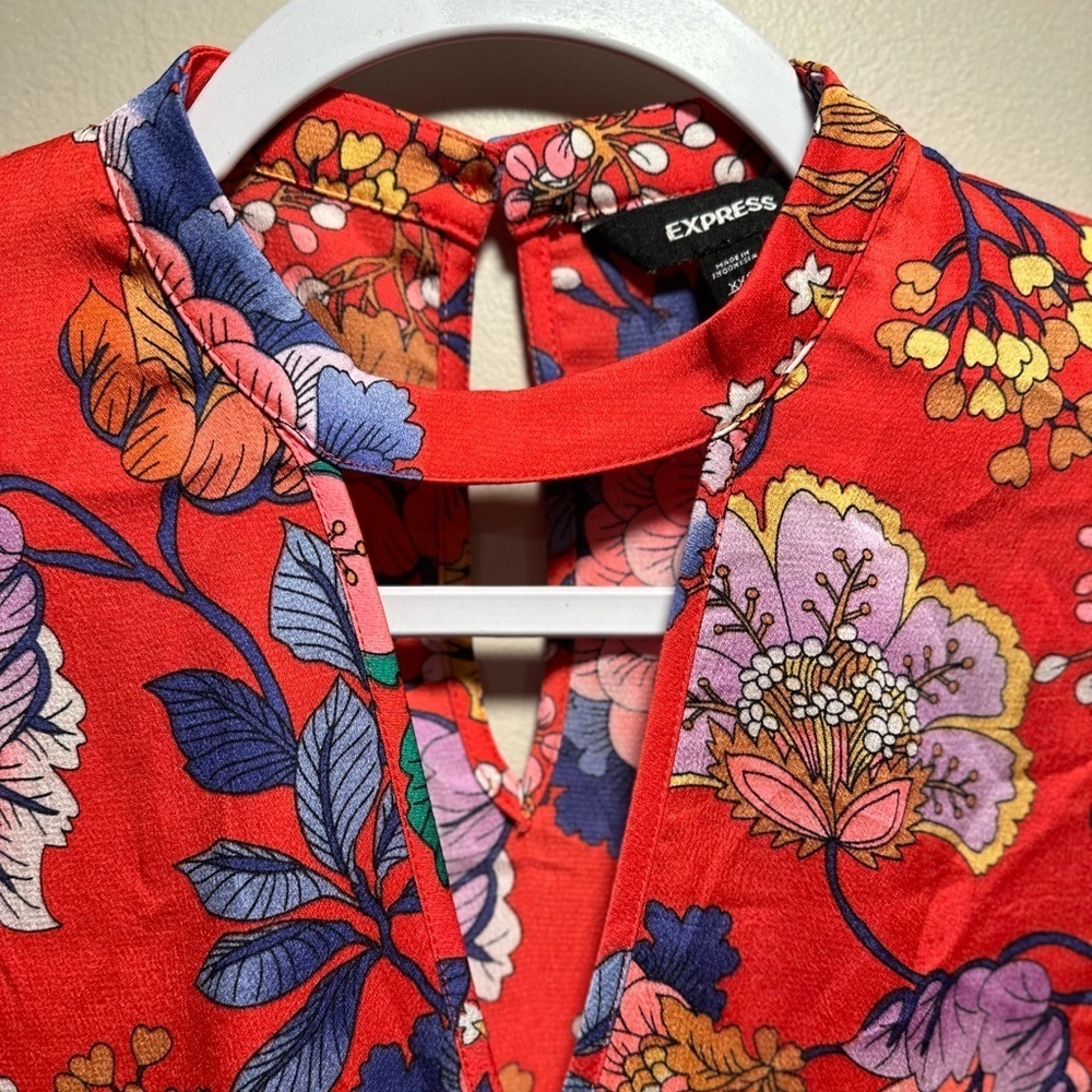 Express Red Oriental Blossoms Choker Cap-sleeve Silky Blouse XXS TTP Light - Picture 7 of 16